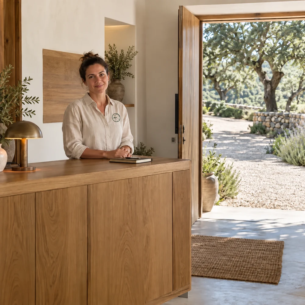Illustration: Concierge at Upupa, wearing the hoopoe logo on the left chest