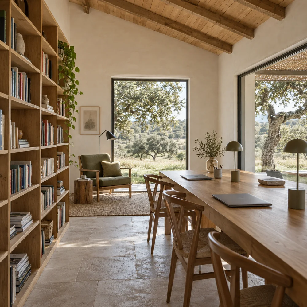 AI-generated illustration: A shared workspace and library overlooking trees