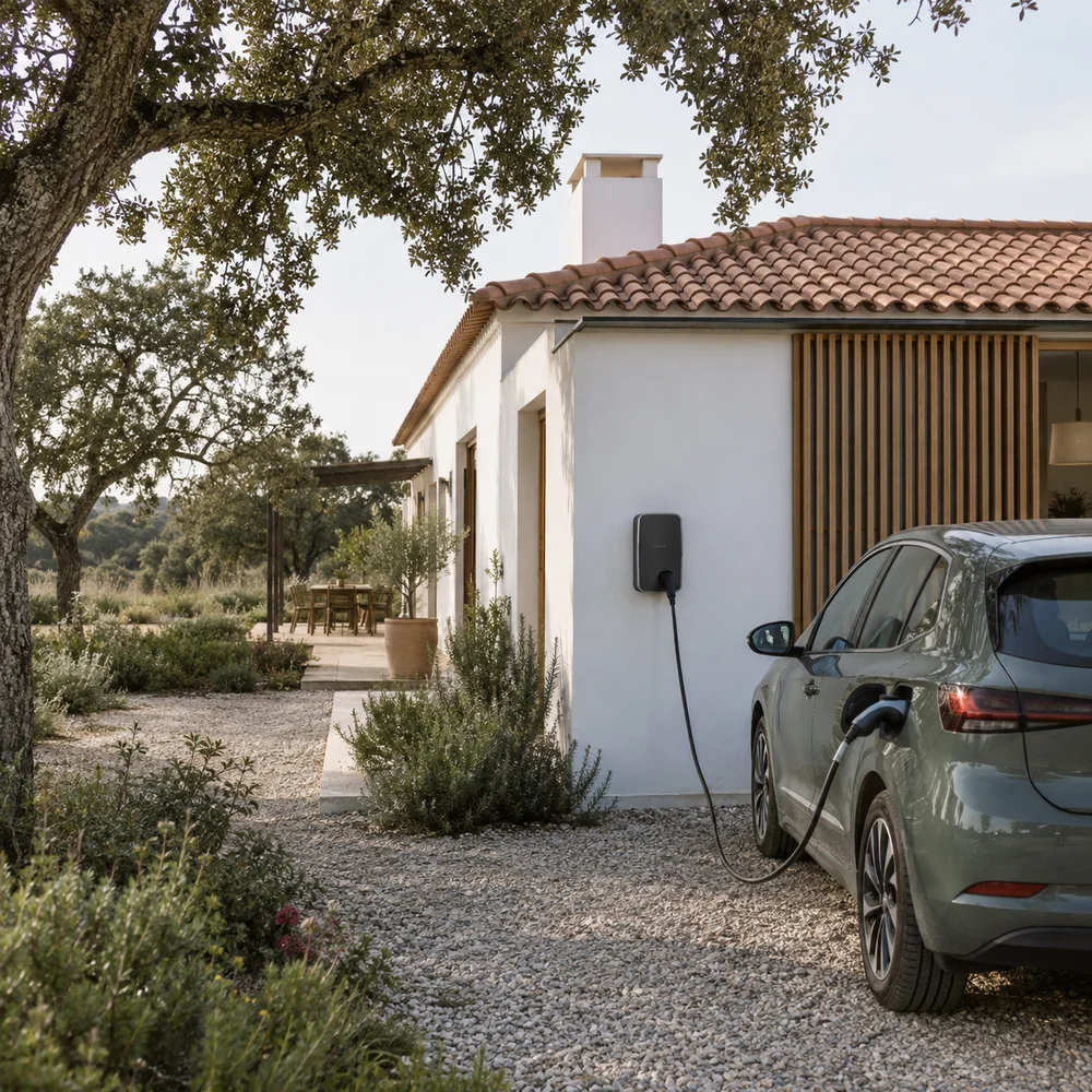 AI-generated illustration: An electric vehicle charging beside a private home