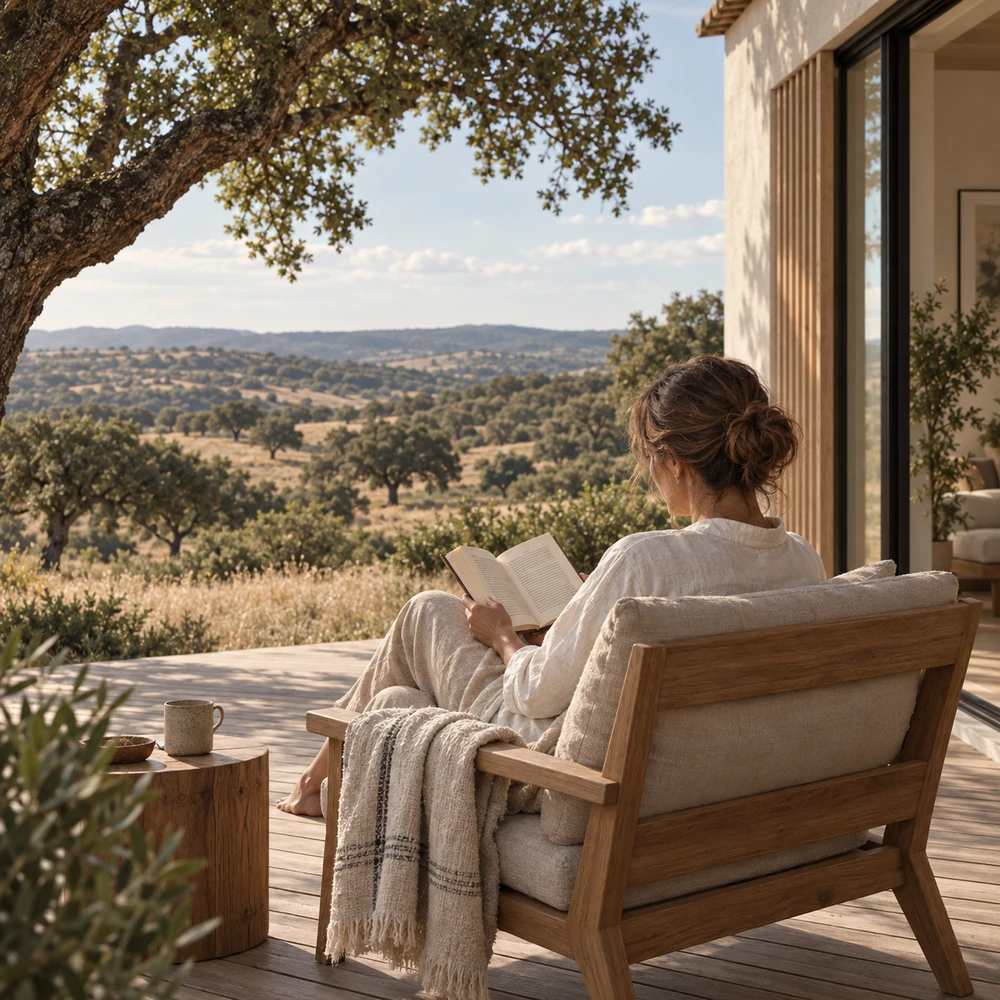 AI-generated illustration of a woman reading on her private deck overlooking the Portuguese montado