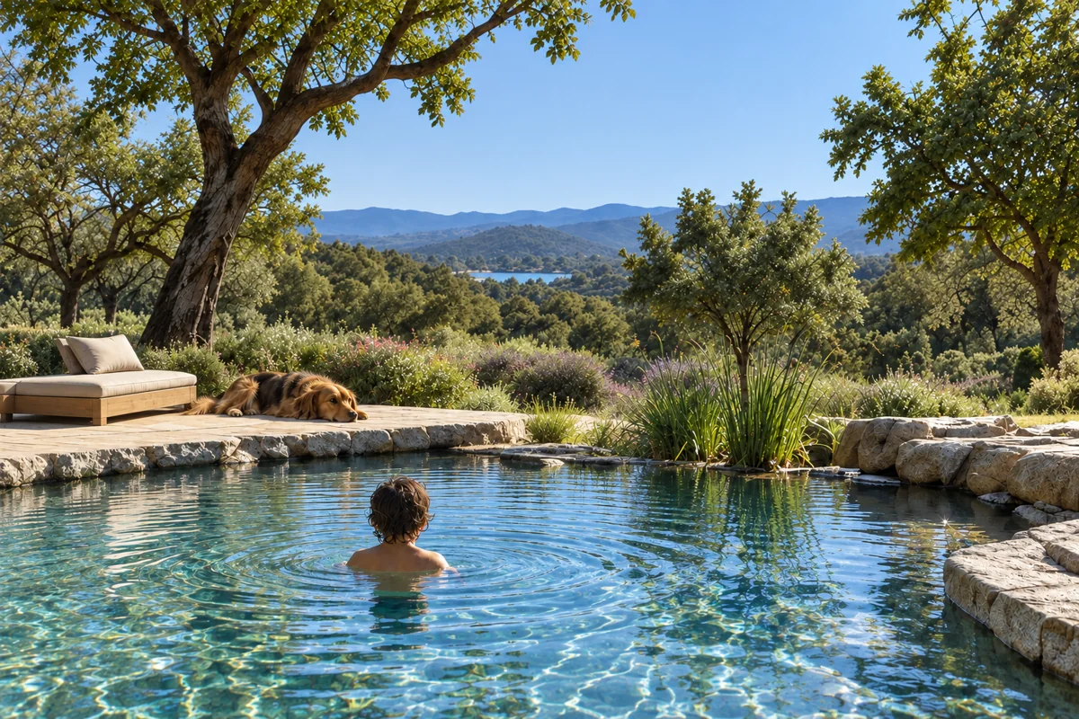 AI-generated illustration of the natural swimming pool in midday light