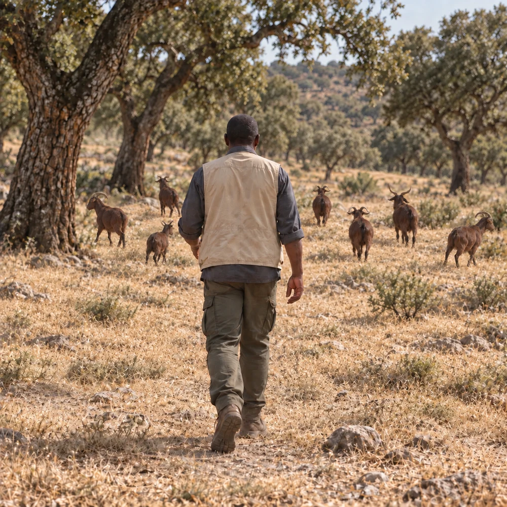 AI-generated illustration: Rear view of a Black shepherd in beige and charcoal workwear walking with Charnequeira goats into dry montado