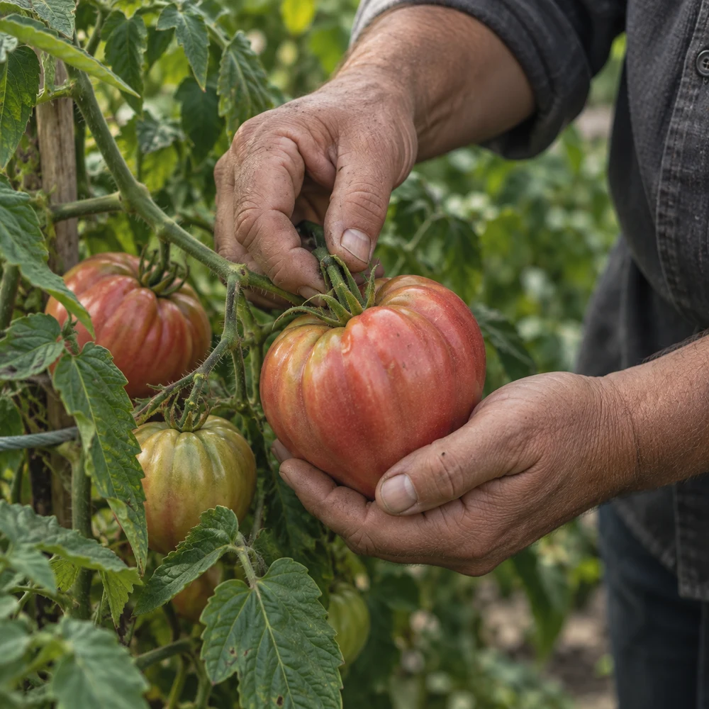 AI-generated photograph: Hands harvesting a Cœur de Bœuf tomato with muted red and green-yellow ripening colours