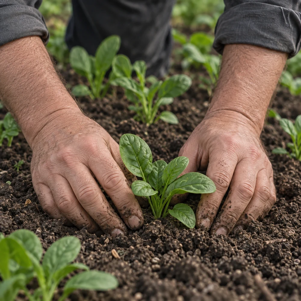 AI-generated photograph: Hands gently planting young spinach in soil