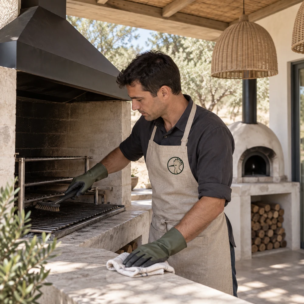 AI-generated illustration: An Upupa employee cleaning the shared barbecue